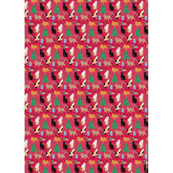 Patterned paper with cats and Christmas trees on a red background