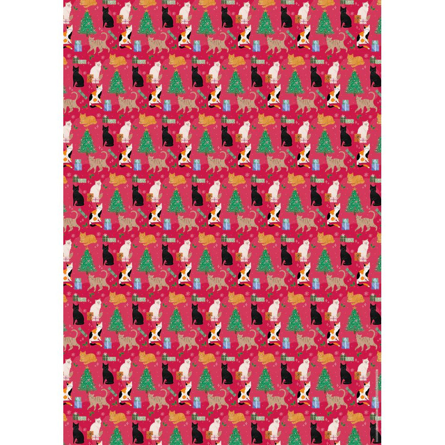 Patterned paper with cats and Christmas trees on a red background