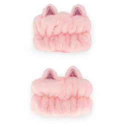 Two pink fluffy cat-ear wristbands shown on a plain white background, one above the other
