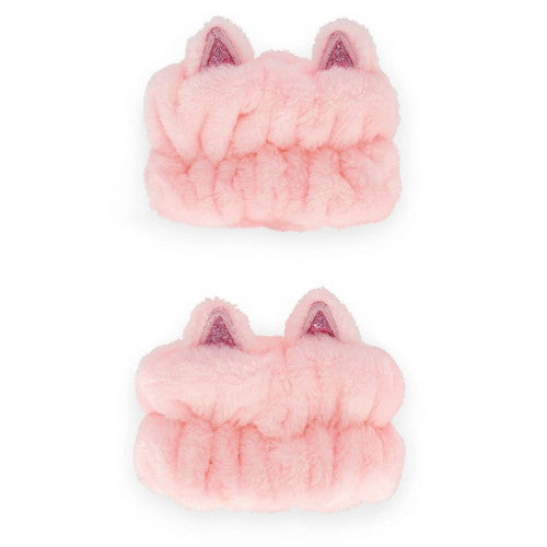 Two pink fluffy cat-ear wristbands shown on a plain white background, one above the other
