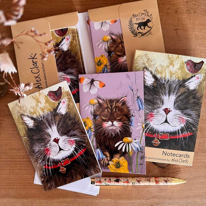 A set of illustrated cat-themed notecards and envelopes from Alex Clark 