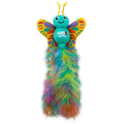 Colourful butterfly-shaped cat toy with a fluffy tail on a white background