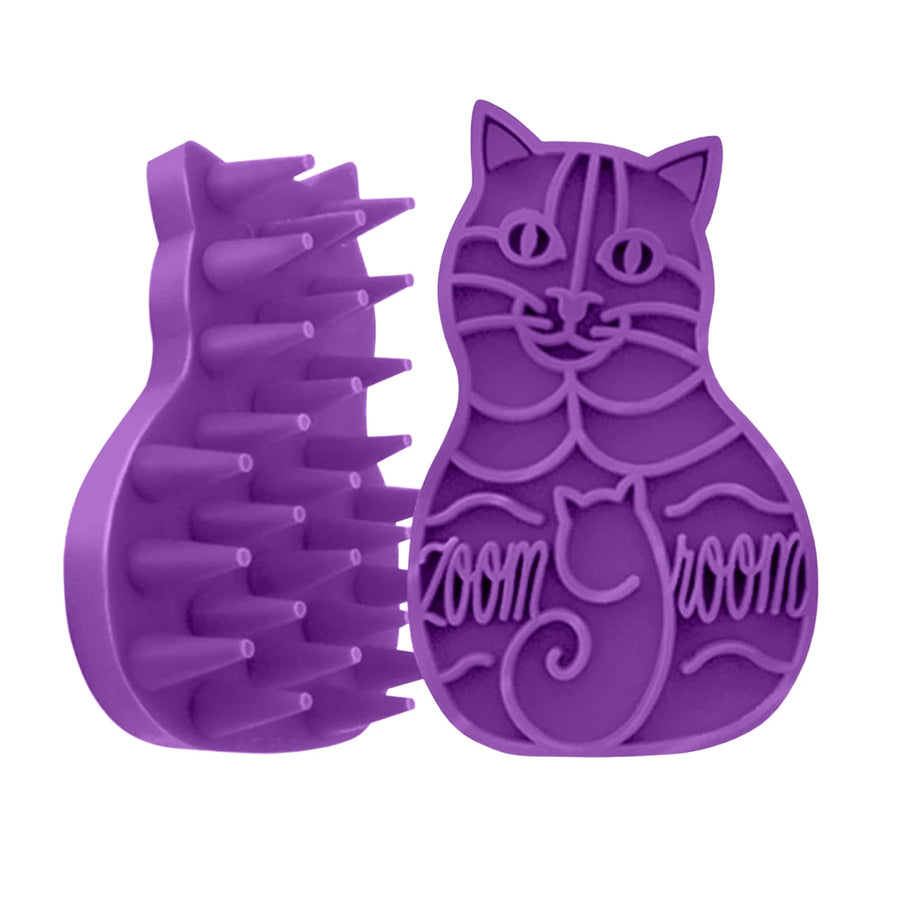 Purple Zoom Groom cat-shaped grooming tool with conical rubber bristles on a white background
