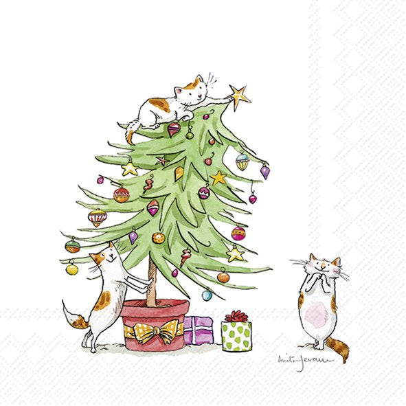 Illustrationif a Ginger and white cats having fun with a decorated Christmas tree in a red tub, signed by artist Anita Jeram