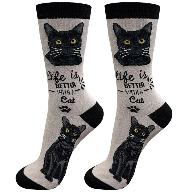 Life is Better Black Cat Socks, Unisex UK 4-9