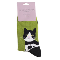 A pack of lime green and black tuxedo cat socks. Bamboo Smiling Cat Socks