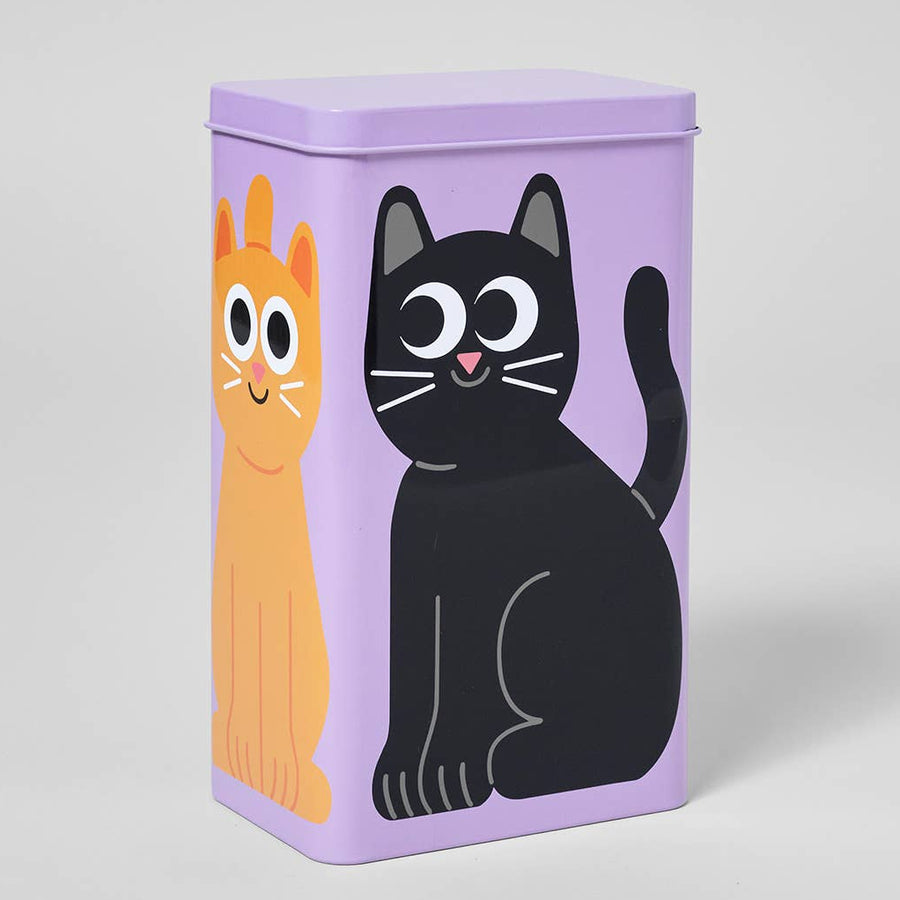 Rectangular tin box with cat illustrations on a light grey background