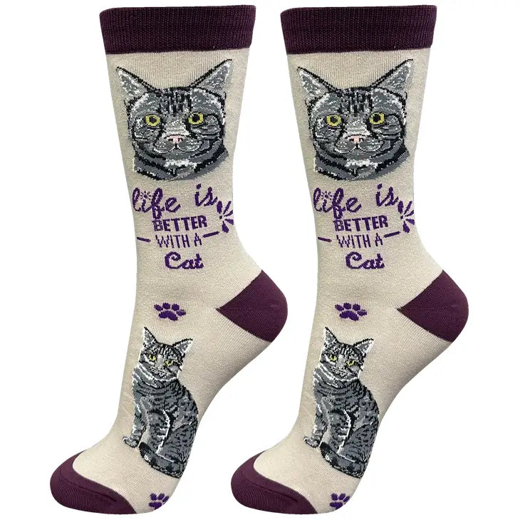 Life is Better Silver Tabby Cat Socks, Unisex UK 4-9