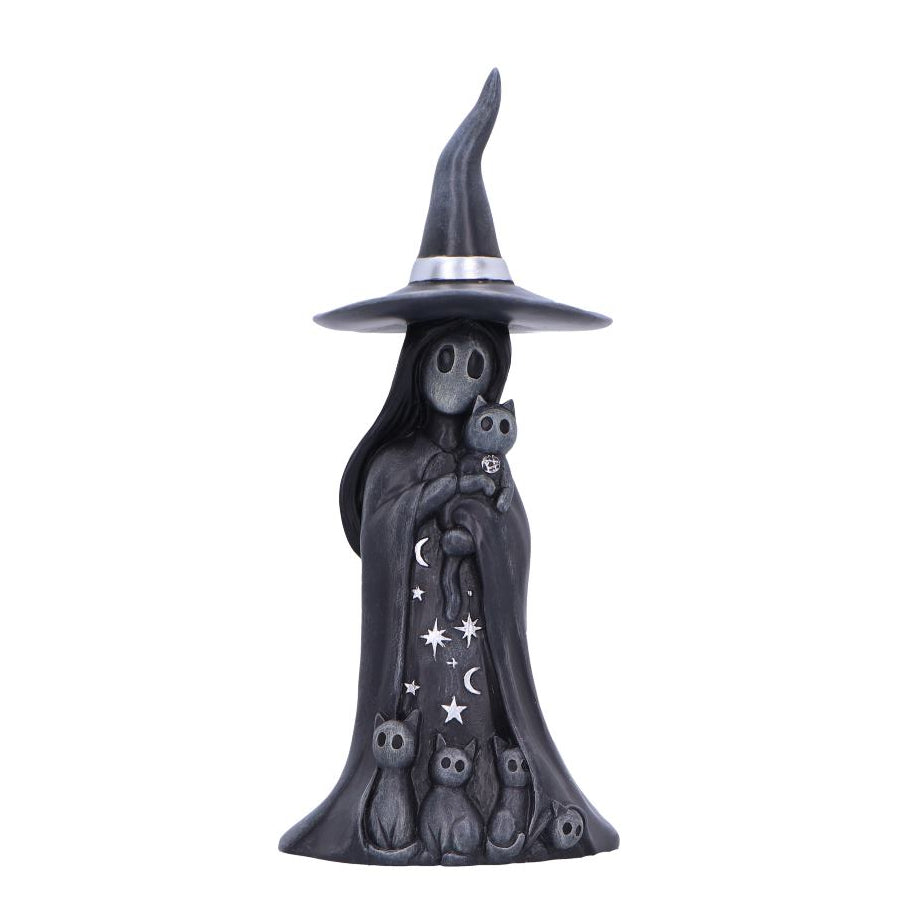 A dark grey gothic witch figurine holding a small black cat, featuring a draped cloak decorated with stars and crescent moons, and several cats