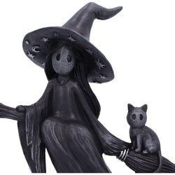 Statue of a witch with a black hat and a black cat on a broomstick against a white background