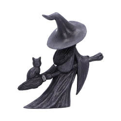Statue of a witch with a broom and cat on a white background