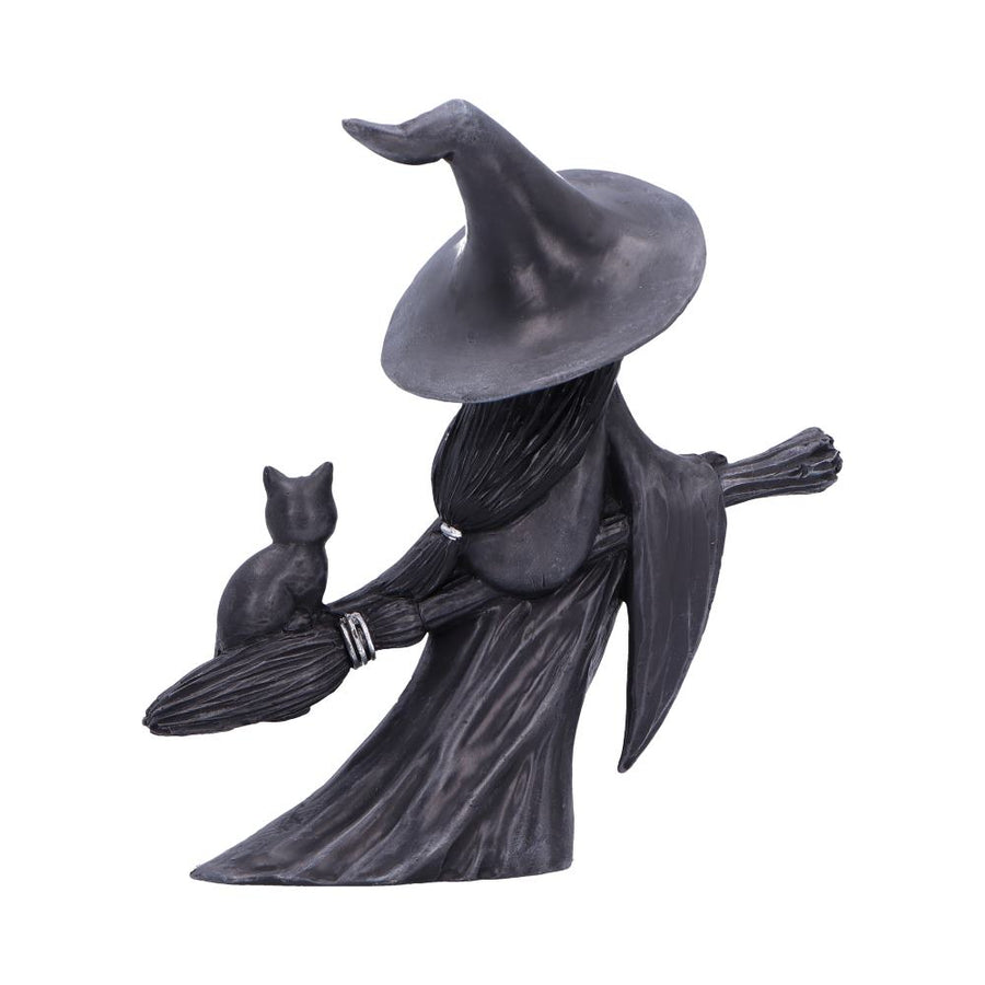 Statue of a witch with a broom and cat on a white background