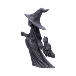 Statue of a witch with a broom and a cat on a white background