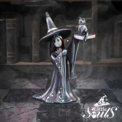 Dark fantasy scene with a witch and a cat in a dimly lit room.