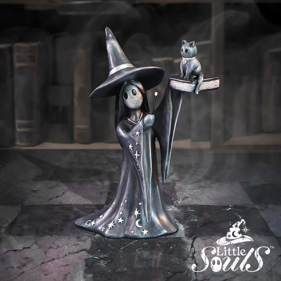 Dark fantasy scene with a witch and a cat in a dimly lit room.
