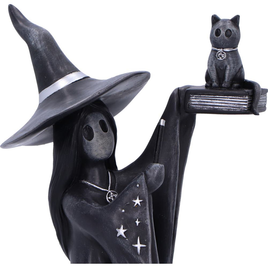 Black witch figurine with a hat and a cat on a white background