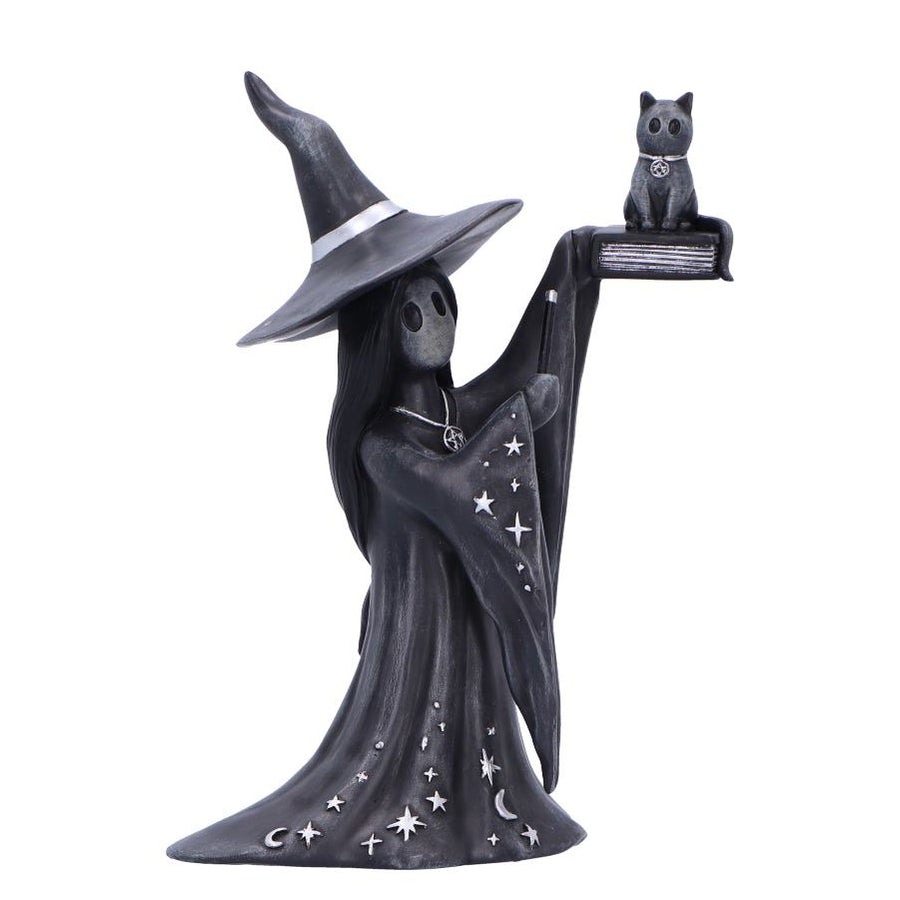Statue of a witch holding a book with a cat on top, on a white background
