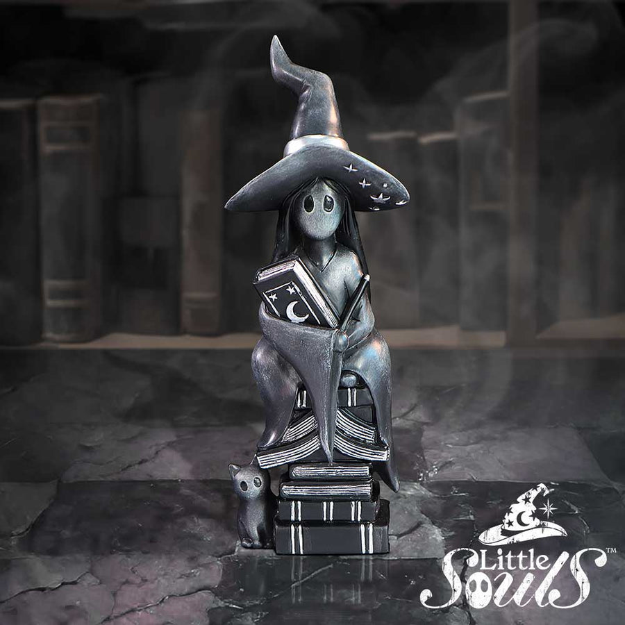 Statue of a witch with a hat and a cat on a dark background with 'Little Souls' branding.