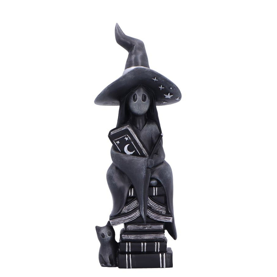 A dark grey and black witch figurine wearing a tall pointed hat, holding a book, seated on a small pedestal with a small cat at its base