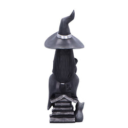 A black witch figurine sitting on a stack of books, wearing a pointed witch hat with a silver band and holding a small black cat