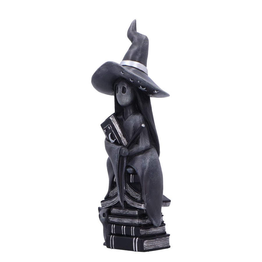 A dark grey gothic witch figurine wearing a tall pointed hat and holding a book, standing on a stack of books