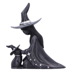 Statue of a witch and cat with stars on a white background