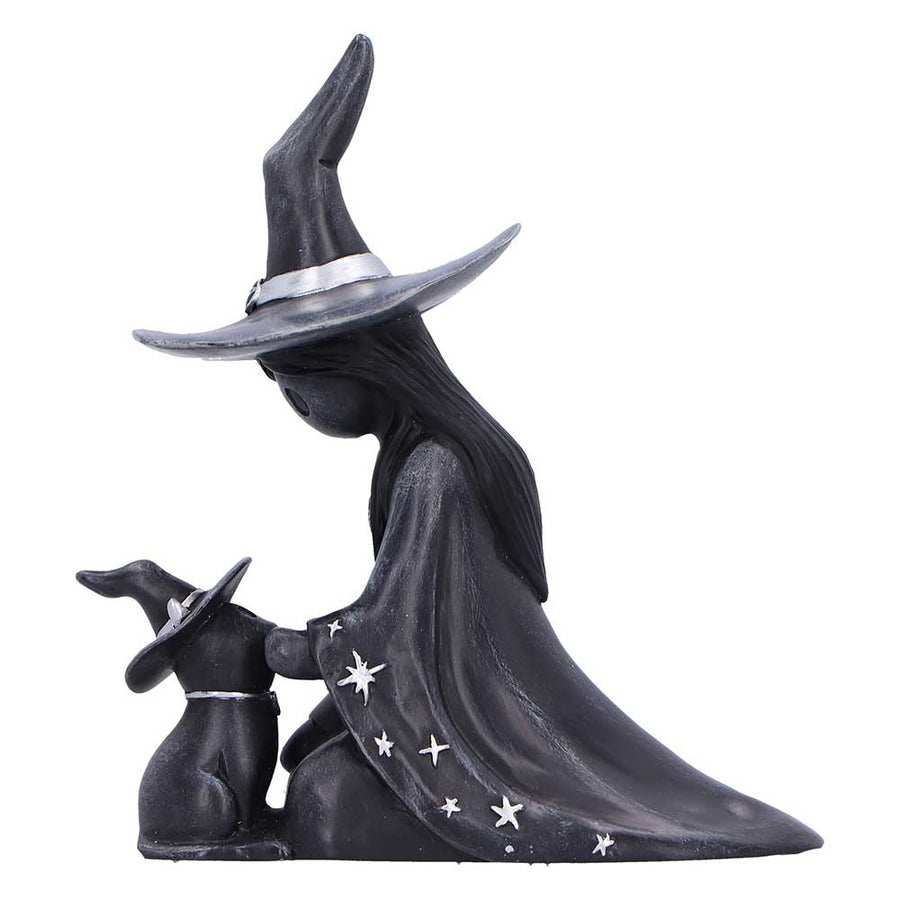 Statue of a witch and cat with stars on a white background