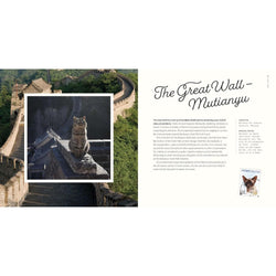 A book spread featuring a photograph of the Great Wall with an inset of a cat sitting on a stone guard, alongside a text page titled 'The Great Wall.