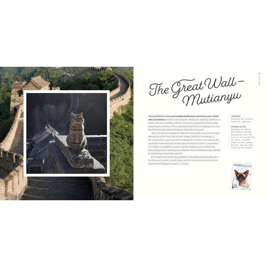 A book spread featuring a photograph of the Great Wall with an inset of a cat sitting on a stone guard, alongside a text page titled 'The Great Wall.