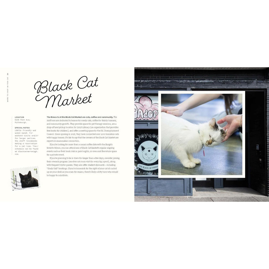 A book spread showing an article titled 'Black Cat Market' on the left and a large photo of a white cat being pet outside a shop on the right.