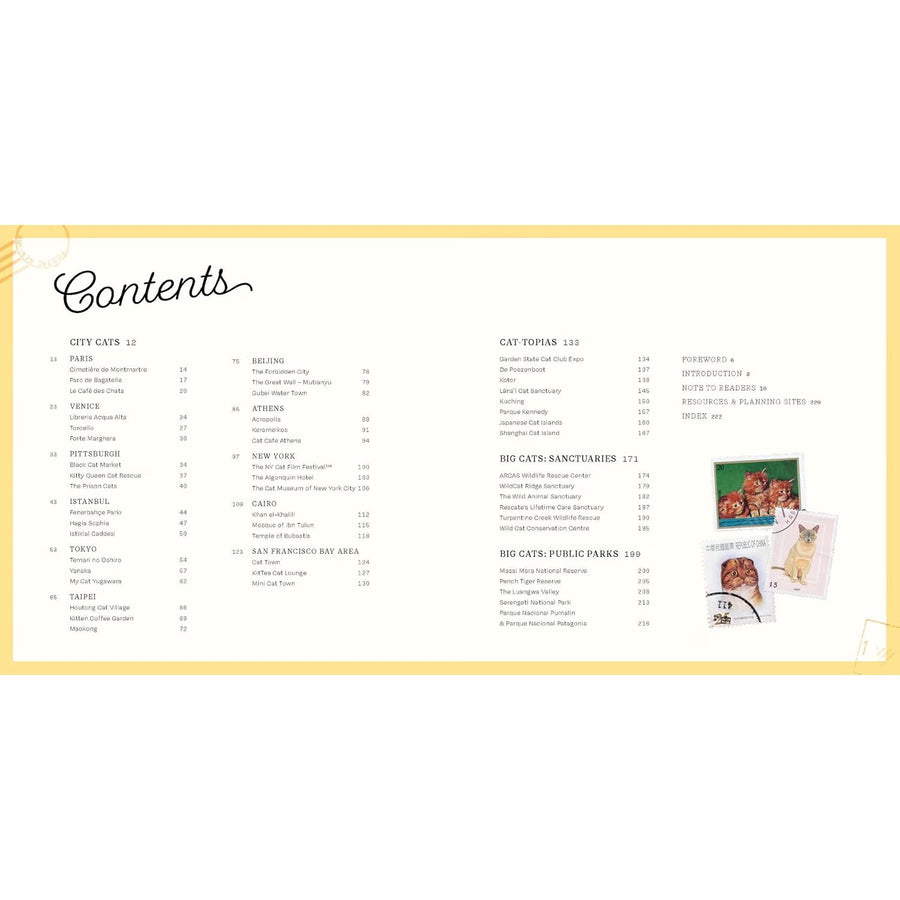 A printed contents page from a book, showing a table of contents for City Cats and Cat Topias