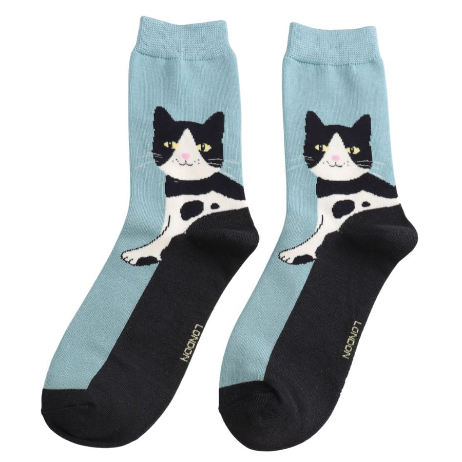Two Duck Egg and Black Socks. Decorated with a smiling Tuxedo Cat.