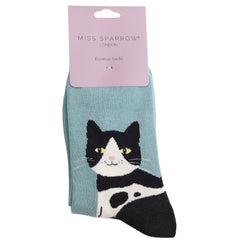 A package of Tuxedo Cat Socks. Duck Egg Blue Bamboo Socks. 