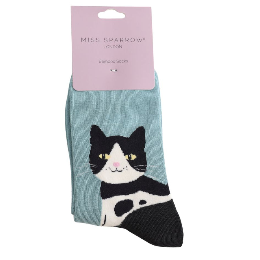 A package of Tuxedo Cat Socks. Duck Egg Blue Bamboo Socks. 