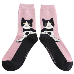 A Pair of pink and black socks. Tuxedo Cats with yellow eyes design. 