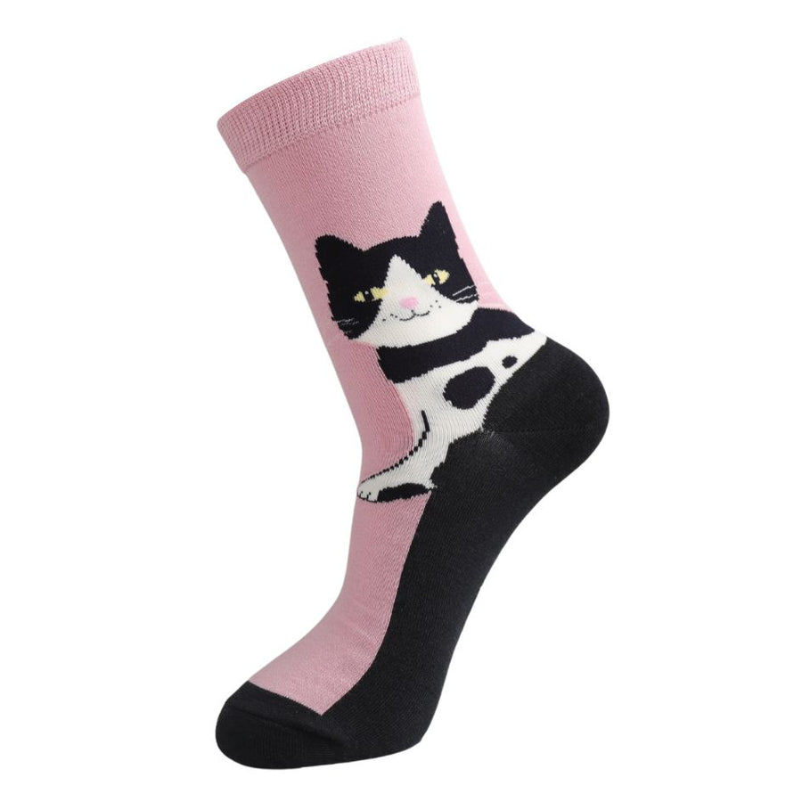 A Tuxedo Cat design on a pink and black sock.