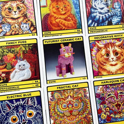 Close up of Louis Wain's Cats card game packaging with colourful cat illustrations