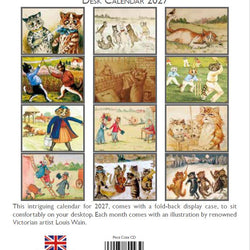 Louis Wain Desk Calendar 2027, showing a grid of 12 vintage-style illustrations with cats in Victorian-era costumes
