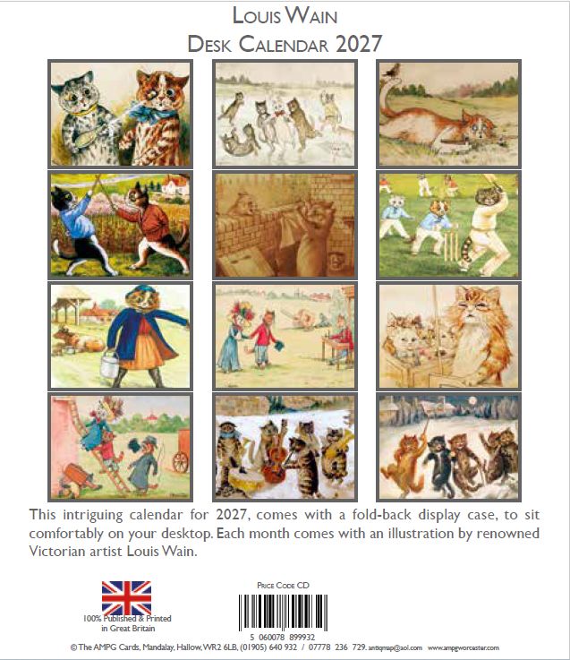 Louis Wain Desk Calendar 2027, showing a grid of 12 vintage-style illustrations with cats in Victorian-era costumes