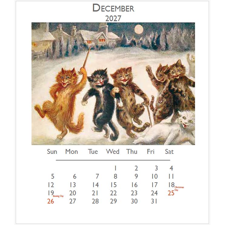 A single-page December 2027 calendar featuring a whimsical winter scene with several cats dancing in the snow