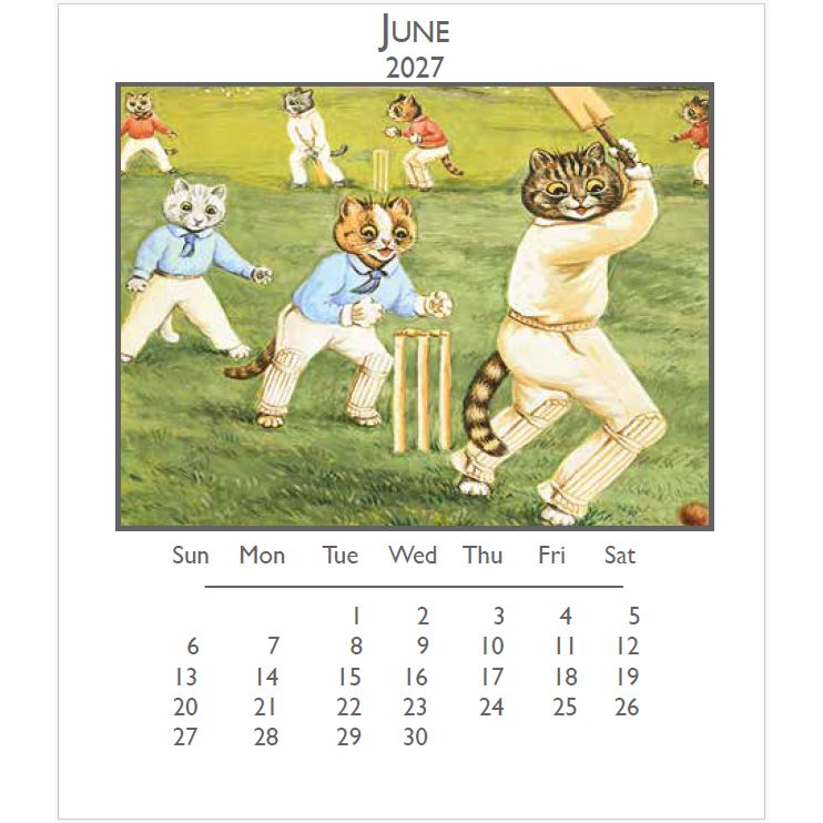 A single-page calendar for June 2027, featuring an scene of cats playing cricket on grass
