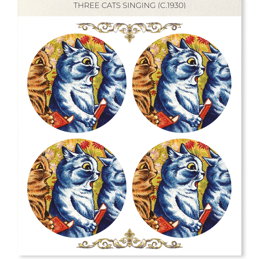 Set of four vintage-style cat stickers on a decorative card with ornate text.