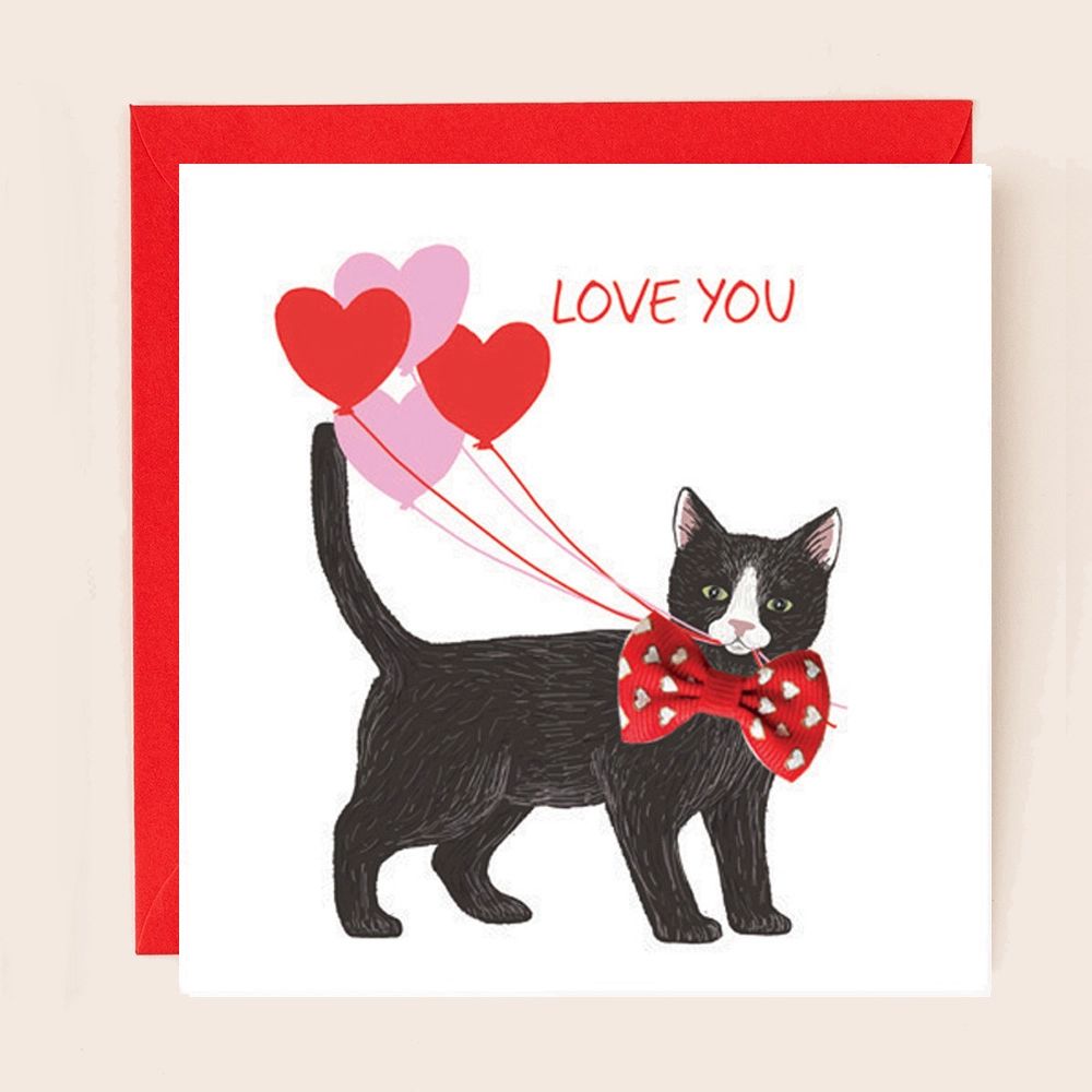 Love You Black Cat Valentines Ribbon Card