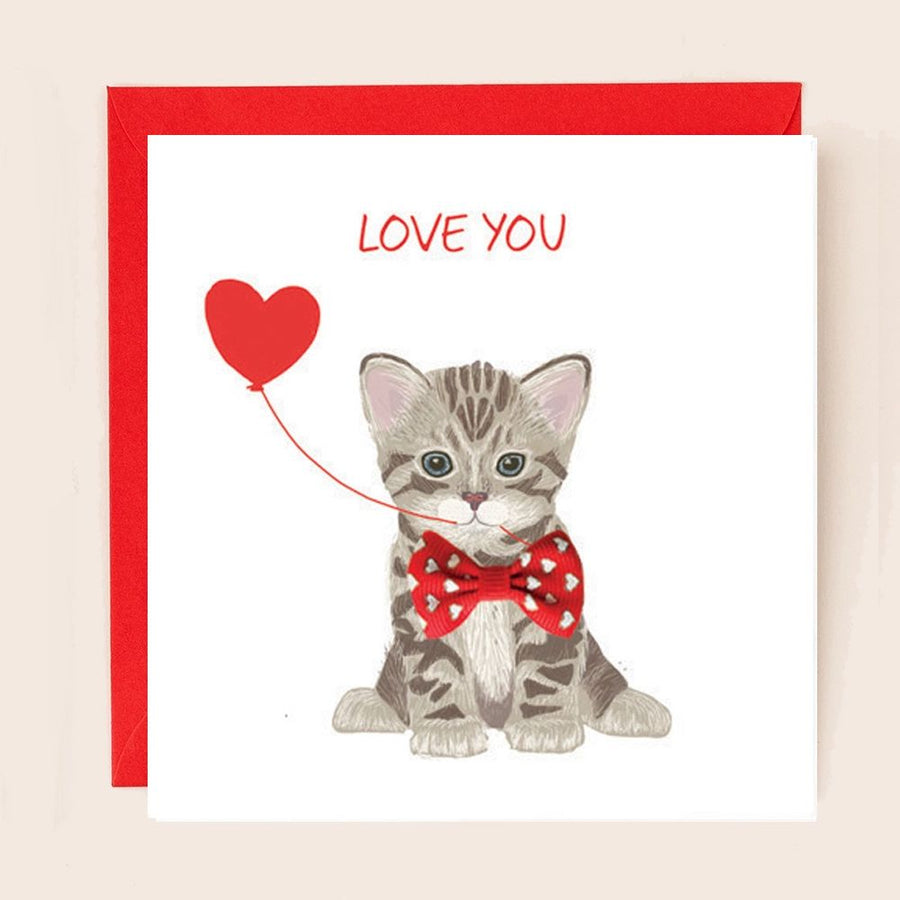 Love You Tabby Kitten Valentines Ribbon Card