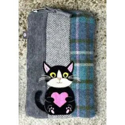 A zippered fabric pouch featuring a black-and-white cat and pink heart applique on the front