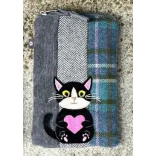 A zippered fabric pouch featuring a black-and-white cat and pink heart applique on the front
