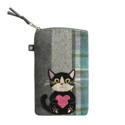 A zippered fabric pouch featuring a black and white cat embroidered in the centre, holding a pink heart