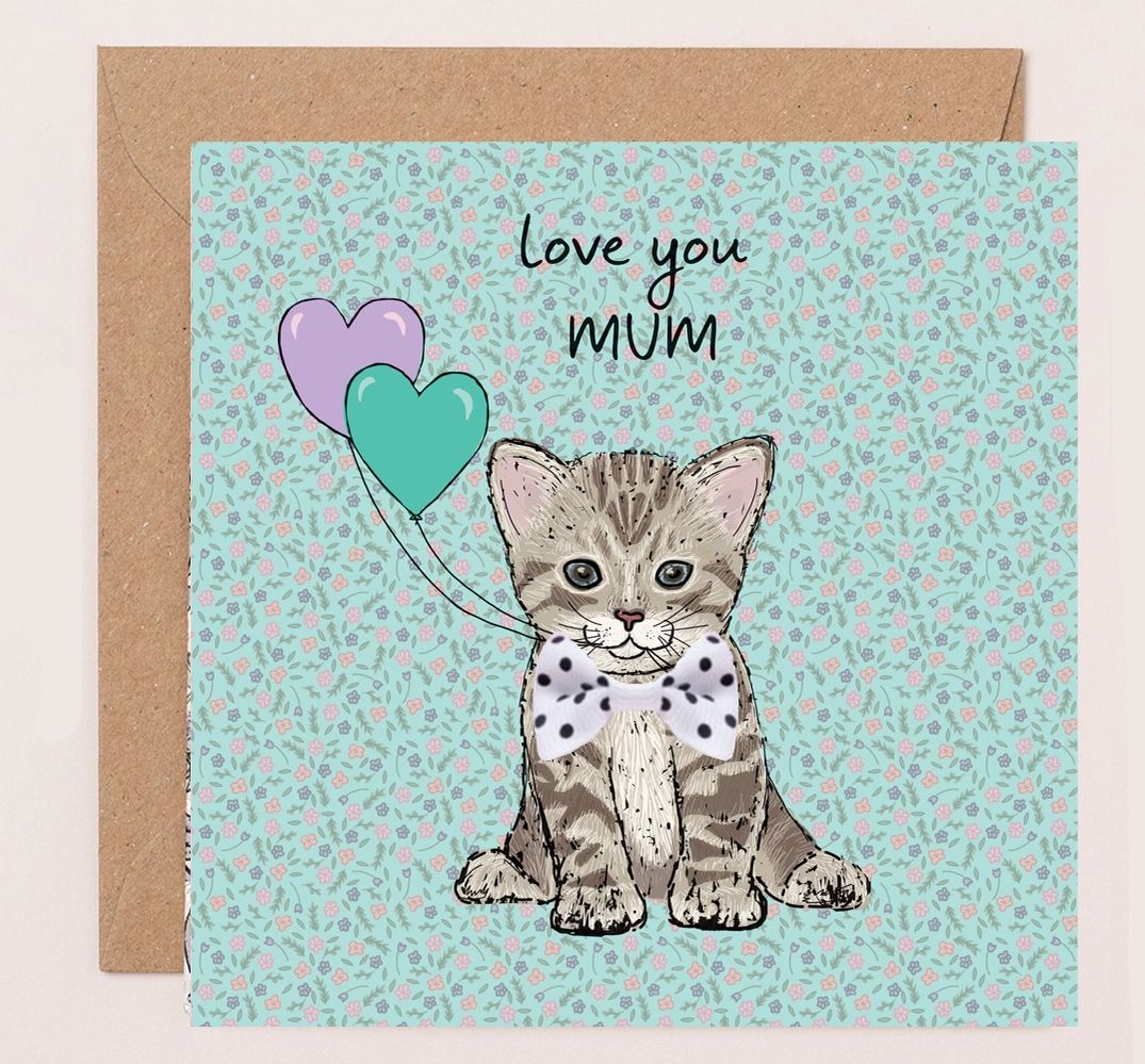 Love You Mum Tabby Kitten Mothers Day Ribbon Card