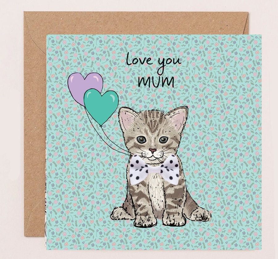 Love You Mum Tabby Kitten Mothers Day Ribbon Card