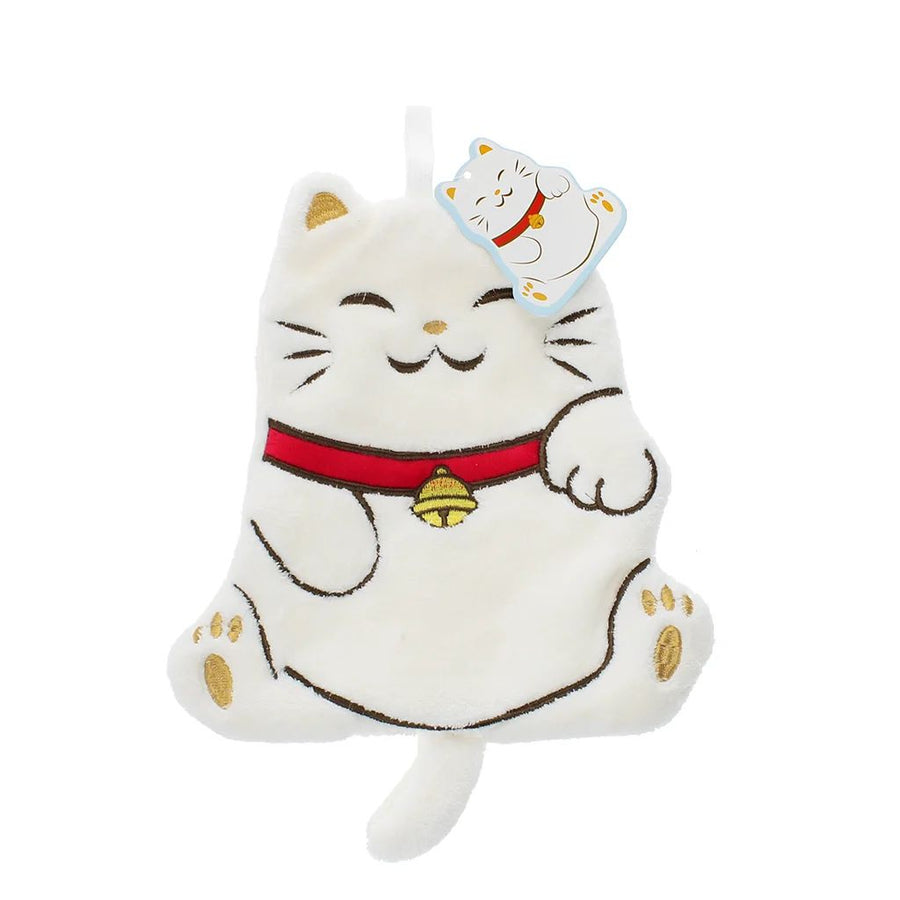 White cat flannel with a red collar and bell on a white background